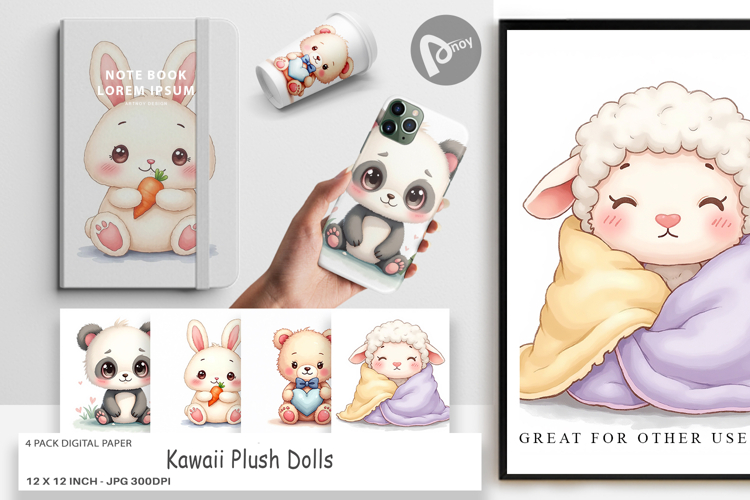 Digital Paper Kawaii Plush Dolls