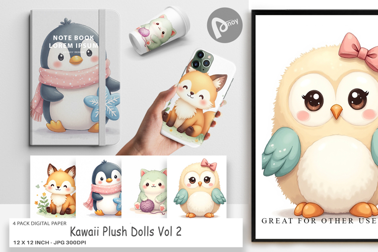 Digital Paper Kawaii Plush Dolls