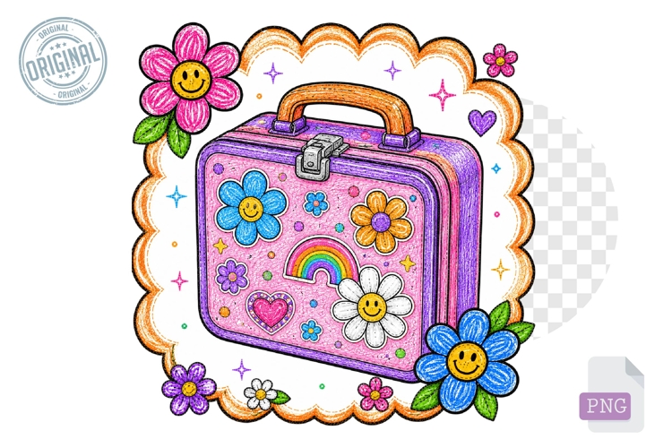 Kawaii School Lunchbox Clipart PNG with Floral Accents