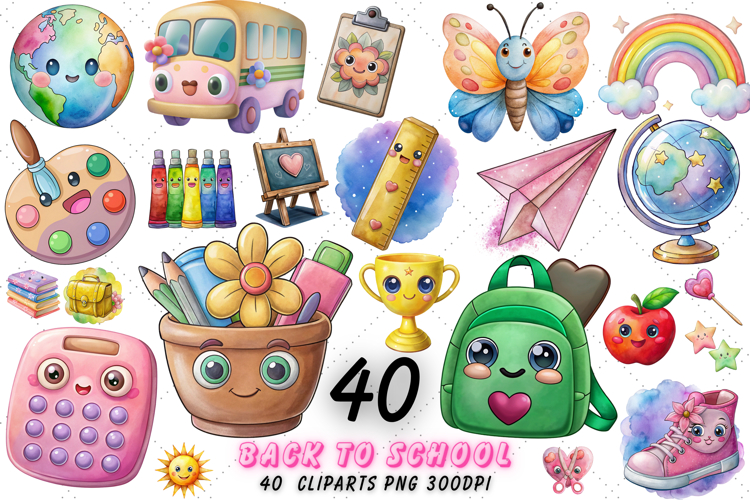 Back to School Png, Kawaii School Watercolor Clipart