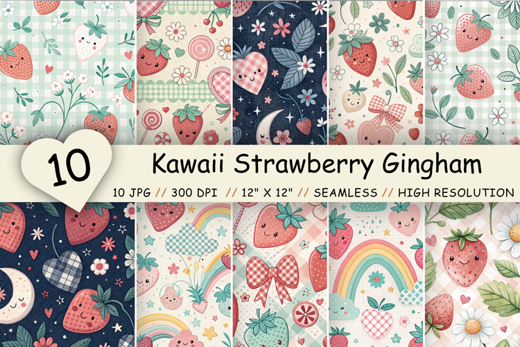 Kawaii Strawberry Gingham Digital Paper, Seamless Cute Fruit
