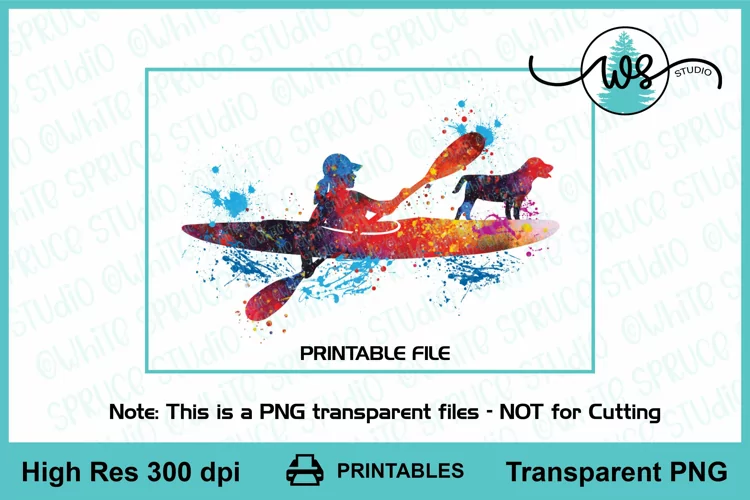 Kayak Woman Dog Printable, Kayak Colored Sublimation PNG
