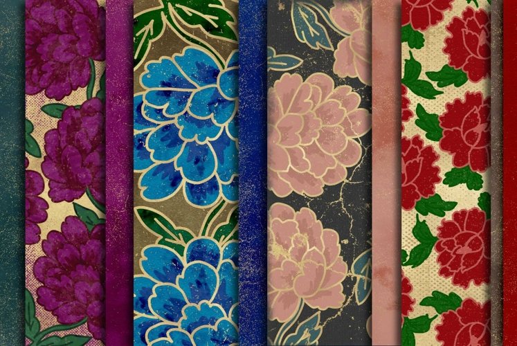 Hand Drawn Vintage Flower and Solid Scrapbook Paper