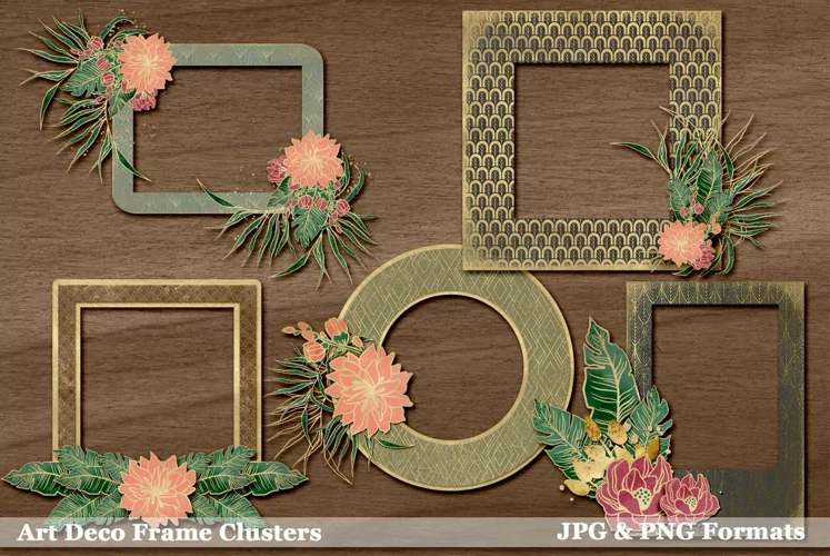 Vintage Art Deco Frame Clusters with Flowers and Leaves