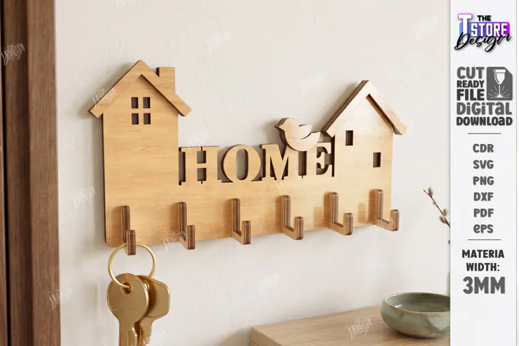 3D Wooden Wall Key Holder Hanger Laser Cut | Home Decor SVG
