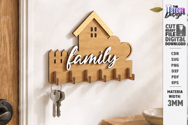 3D Wooden Wall Key Holder Hanger Laser Cut | Home Decor SVG example image 1