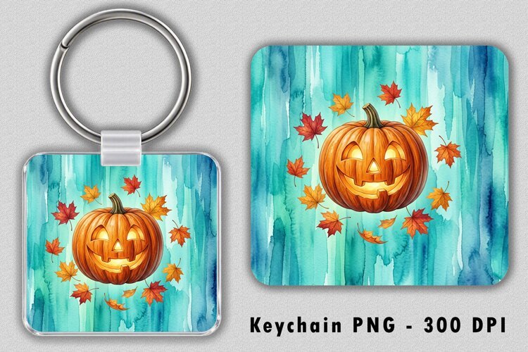 Jack O Lantern Teal Watercolor Keychain Sublimation PNG 300 example image 1