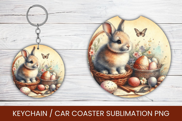 keyring keychain car coaster - vintage rabbit bunny easter