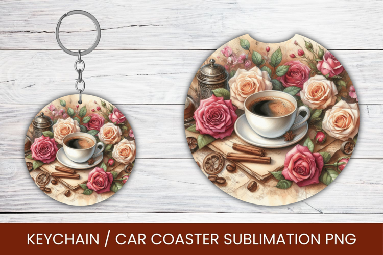 keyring keychain car coaster - floral coffee