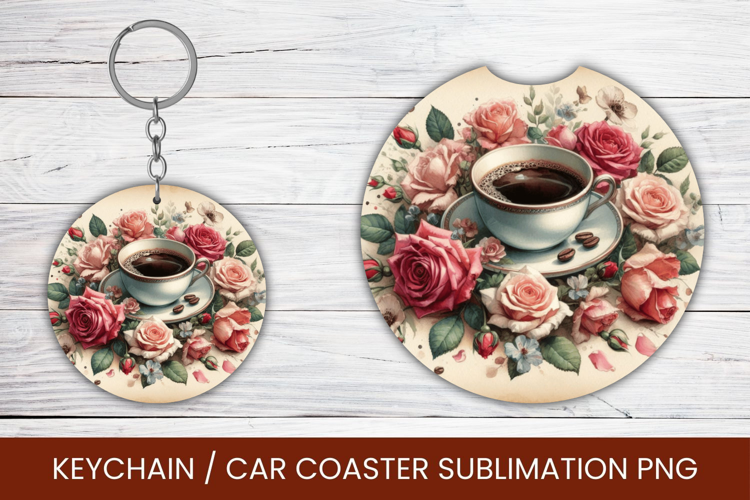 keyring keychain car coaster - floral coffee