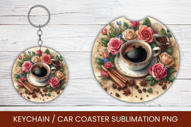keyring keychain car coaster - floral coffee