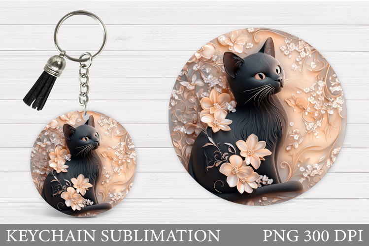Black Cat Keychain Sublimation. Cat Flowers Keychain Design
