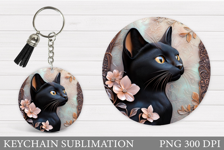Cute Cat Keychain Sublimation. Cat Flowers Keychain Design