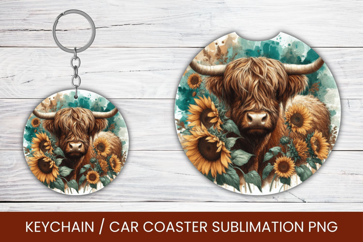 keyring keychain car coaster - highland cow sunflowers