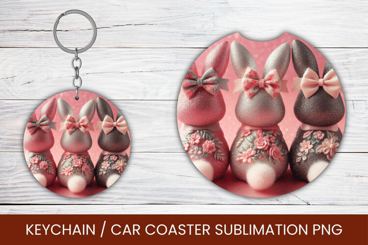 keyring keychain car coaster - pink rabbits example image 1
