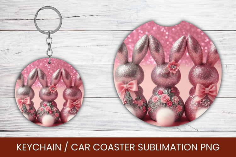 keyring keychain car coaster - pink rabbits