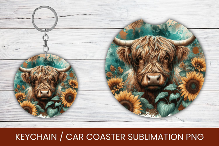 keyring keychain car coaster - highland cow sunflowers