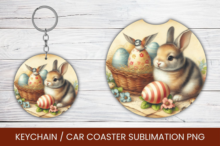 keyring keychain car coaster - vintage rabbit bunny easter