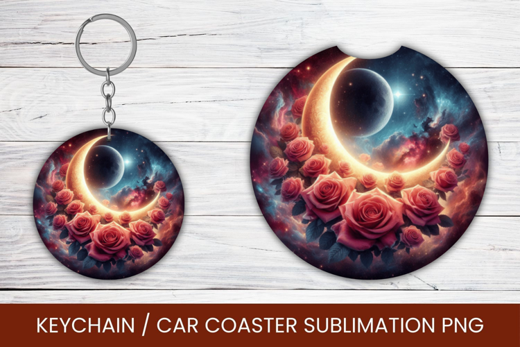 keyring keychain car coaster - floral moon