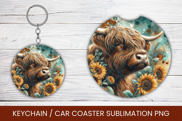 keyring keychain car coaster - highland cow sunflowers
