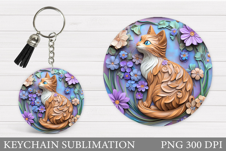 Cute Cat Keychain Sublimation. Cat Flowers Keychain Design