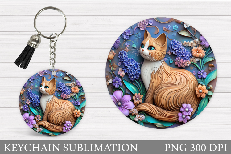 Cute Cat Keychain Sublimation. Cat Flowers Keychain Design
