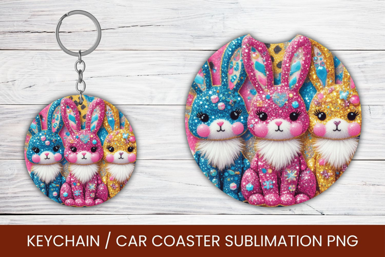 keyring keychain car coaster - glitter rabbits bunny