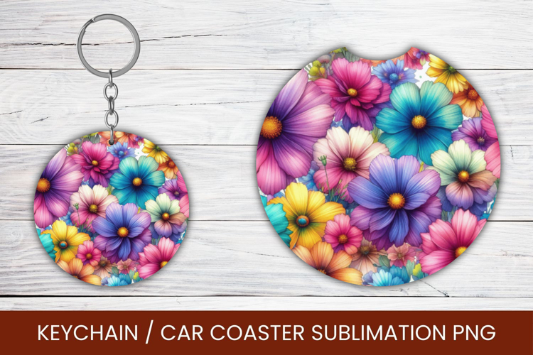 keyring keychain car coaster - pastel flowers