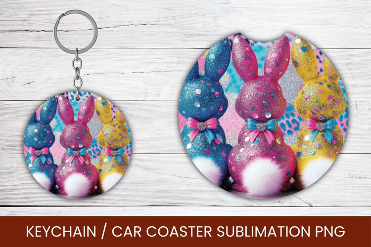 keyring keychain car coaster - glitter rabbits bunny example image 1