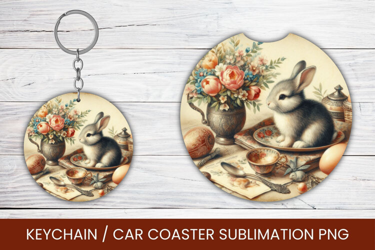 keyring keychain car coaster - vintage rabbit bunny easter example image 1