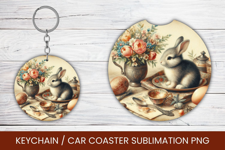 keyring keychain car coaster - vintage rabbit bunny easter