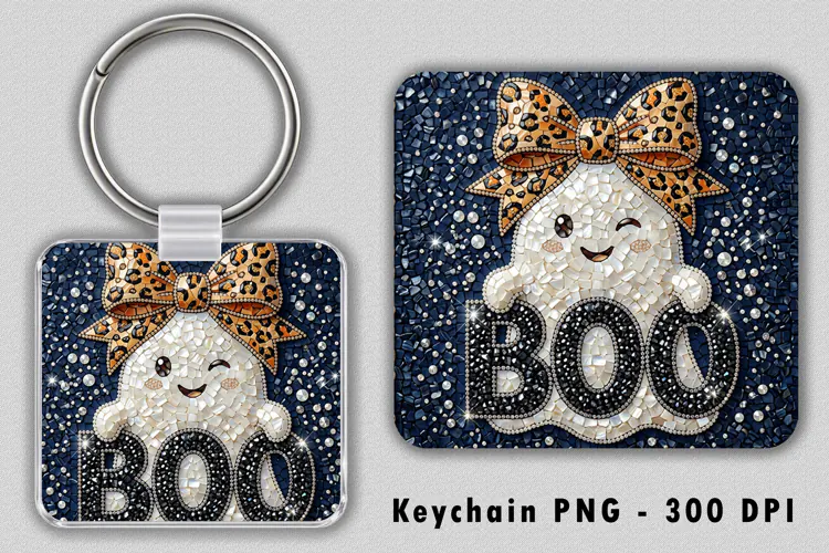 Cute Ghost Leopard Bow Keychain Sublimation PNG 300 DPI