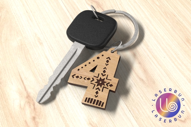 Number 4 Keychain SVG with Laser Engraved Folk Pattern