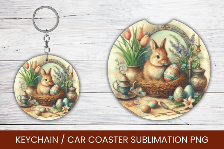 keyring keychain car coaster - vintage rabbit bunny easter