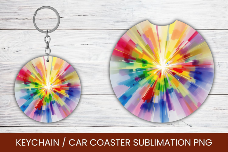 keyring keychain car coaster - watercolor rainbow