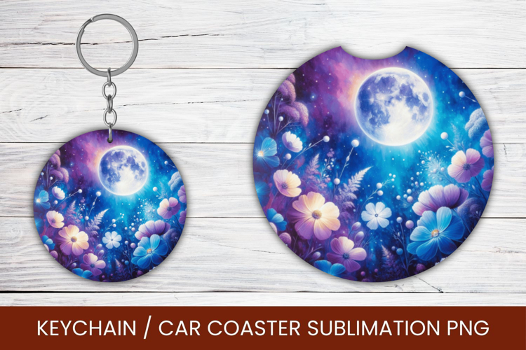 keyring keychain car coaster - floral moon