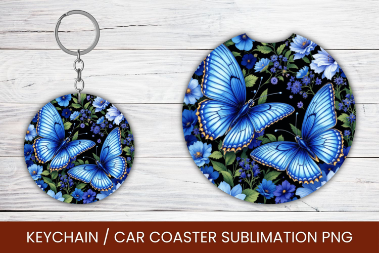 keyring keychain car coaster - blue floral butterfly