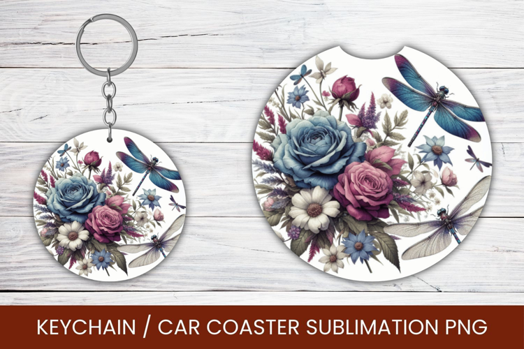keyring keychain car coaster - floral dragonfly