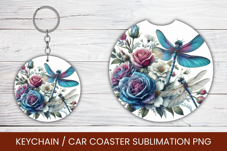 keyring keychain car coaster - floral dragonfly