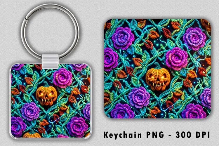 Crochet Halloween Pumpkin Purple Rose Keychain Sublimation P
