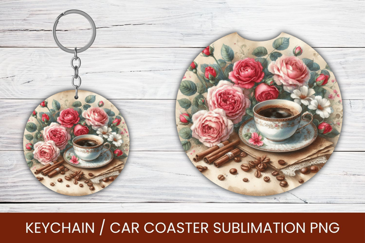 keyring keychain car coaster - floral coffee