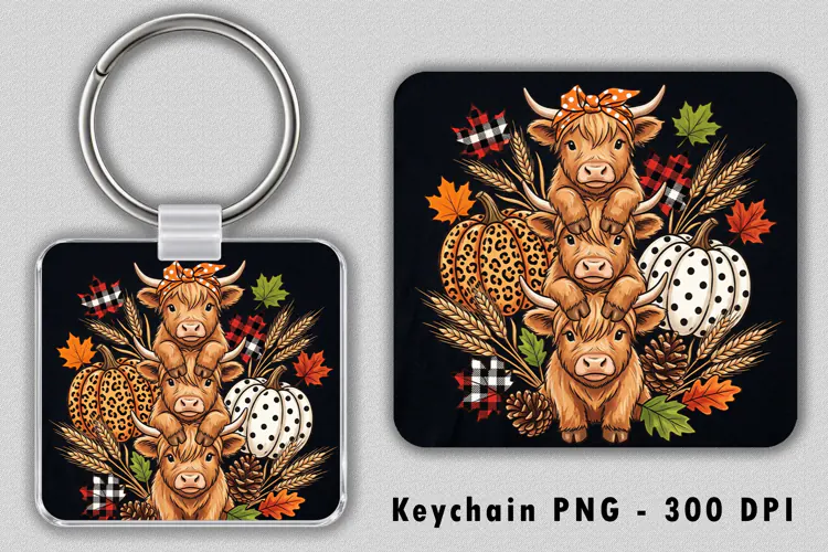 Autumn Highland Cow Stack Keychain PNG Sublimation