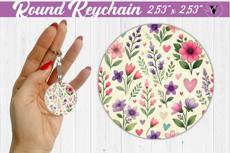 Spring Round Keychain | Watercolor flowers, hearts pattern