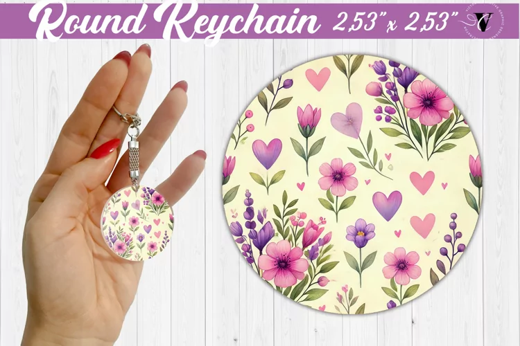Spring Round Keychain | Watercolor flowers, hearts pattern