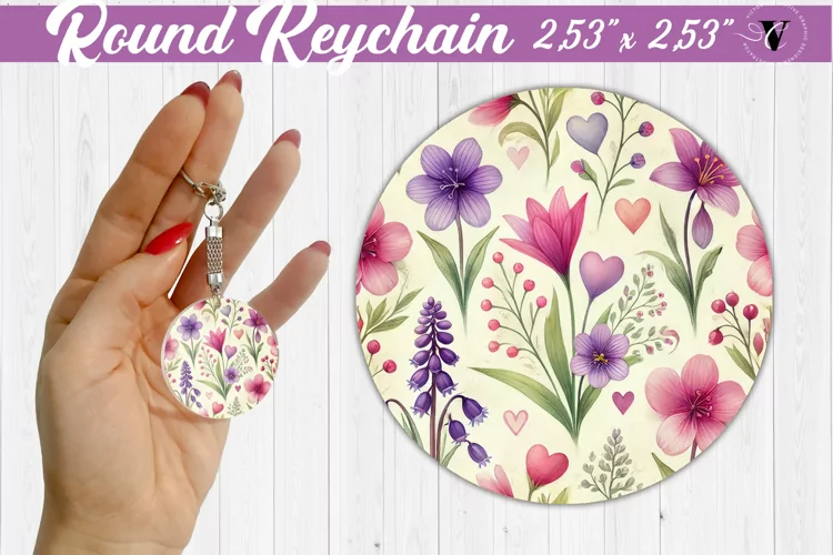 Spring Round Keychain | Watercolor flowers, hearts pattern