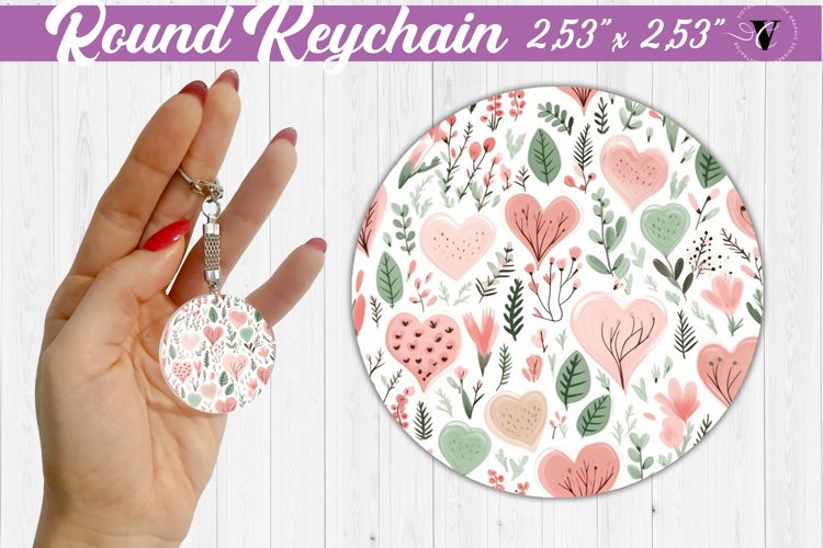 Spring Round Keychain | Watercolor flowers, hearts pattern example image 1