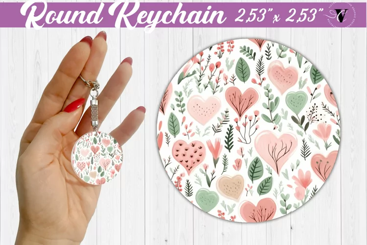Spring Round Keychain | Watercolor flowers, hearts pattern
