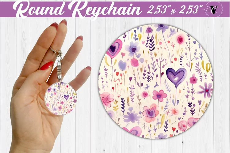 Spring Round Keychain | Watercolor flowers, hearts pattern
