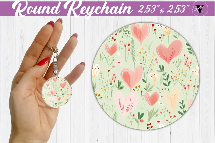 Spring Round Keychain | Watercolor flowers, hearts pattern