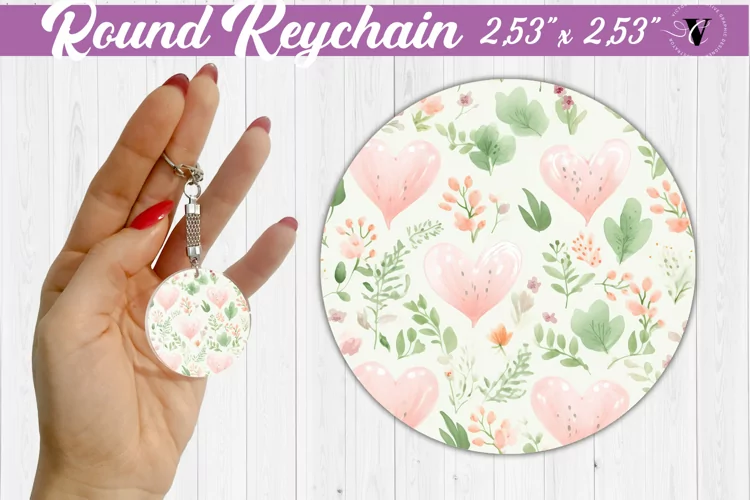 Spring Round Keychain | Watercolor flowers, hearts pattern